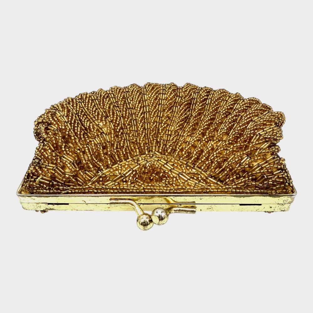 VTG La Regale Women's Evening Shoulder Purse Gold Beaded Clam Shell Gold Chain - Picture 3 of 13